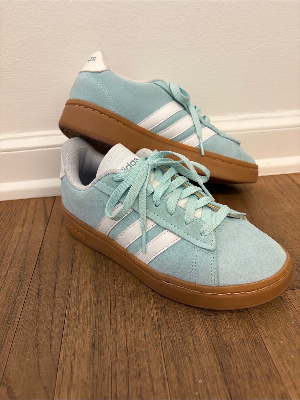 adidas Women's Mint Suede Sneakers with White Stripes and Gum Sole